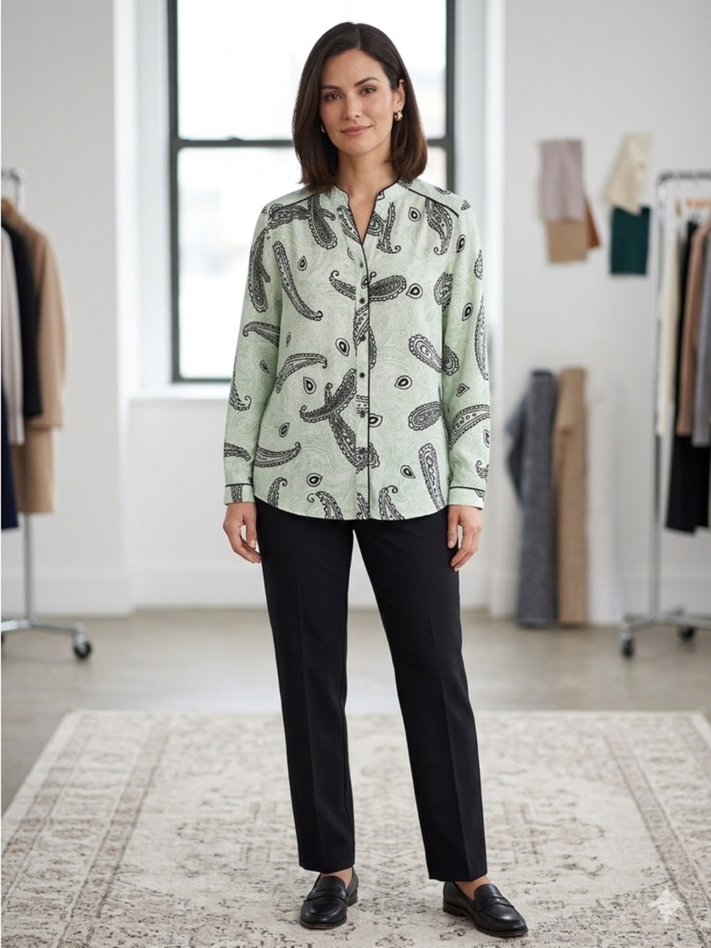 Bon Worth Mint Green and Black Paisley Blouse